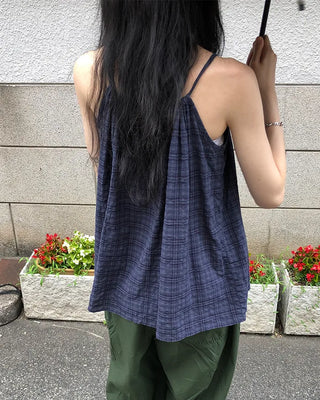 Checked shirred sleeveless blouse