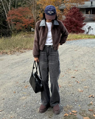 Leather collar fur jacket