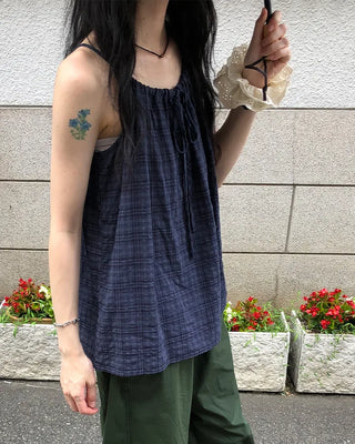 Checked shirred sleeveless blouse