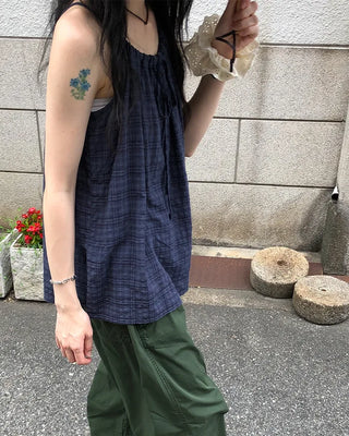 Checked shirred sleeveless blouse