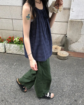 Checked shirred sleeveless blouse
