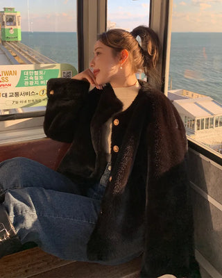 Gold button fur jacket