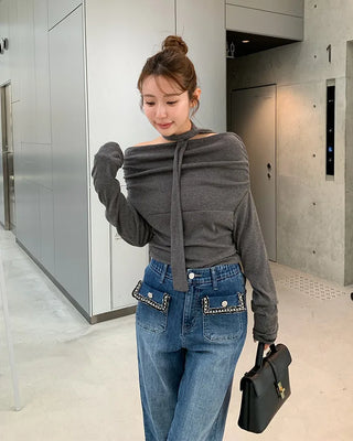 Lace pocket denim pants