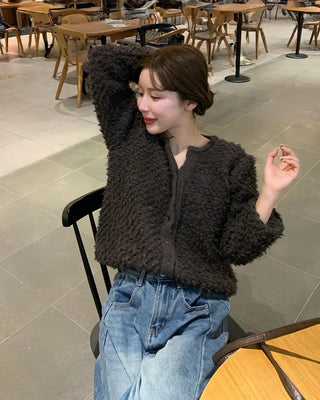 Fleece V-neck Round Cardigan