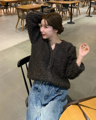 Fleece V-neck Round Cardigan