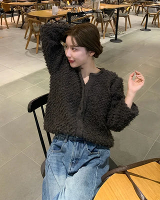 Fleece V-neck Round Cardigan
