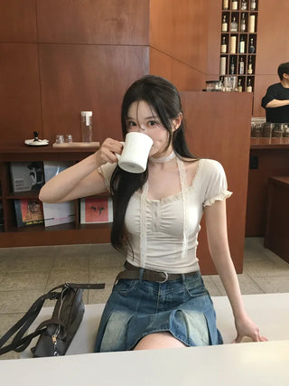 [Tie Set] Lace Short-Sleeve T-Shirt