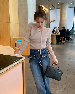 Choker Set Shirred Off-Shoulder Slim Knit