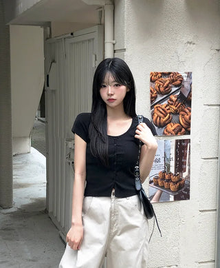 Slim ribbed short-sleeved cardigan (4 colors)