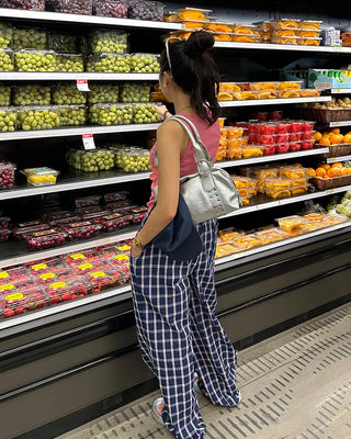 Waist two-tone check seersucker wide pants