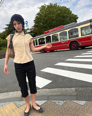 Raglan cap sleeve double-button blouse