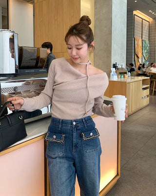 Choker Set Shirred Off-Shoulder Slim Knit
