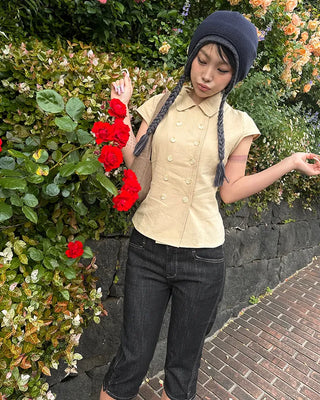 Raglan cap sleeve double-button blouse