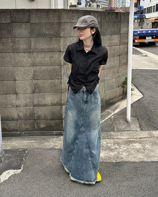 Weighted Shirring Point Short-Sleeve Crop Shirt