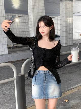 Long slit net cardigan (2 colors)