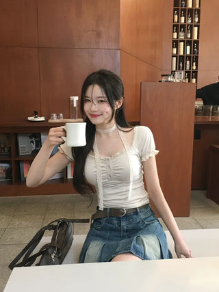 [Tie Set] Lace Short-Sleeve T-Shirt