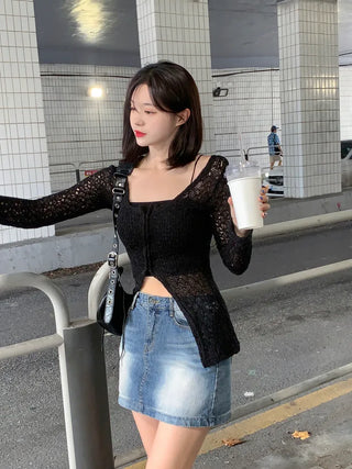 Long slit net cardigan (2 colors)