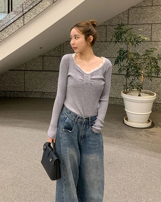 Lace neckline ribbed knit