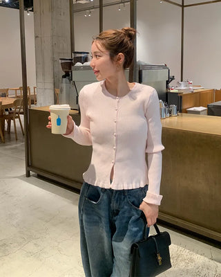 Frilled round neck ribbed cardigan