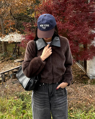 Leather collar fur jacket