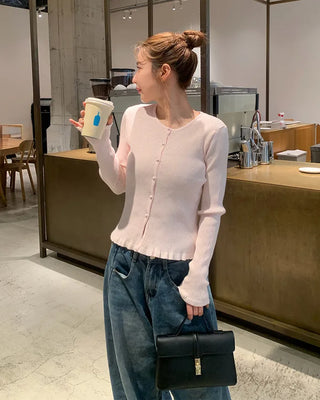 Frilled round neck ribbed cardigan