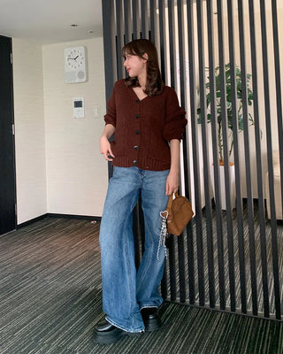 Ribbed V-neck Loose Cardigan