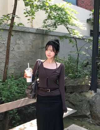 Slit elastic waist long skirt