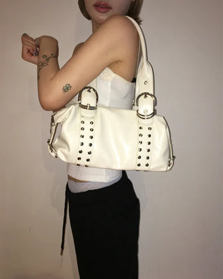 Double rivet belt leather tote bag