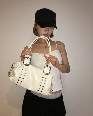 Double rivet belt leather tote bag