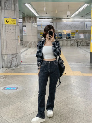 Raw denim bootcut pants