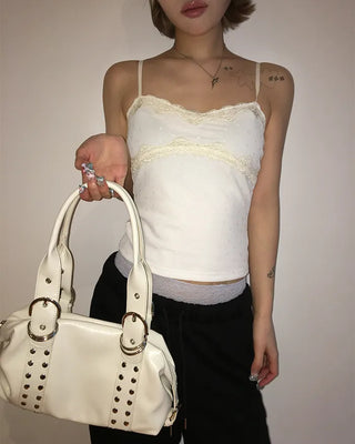 Double rivet belt leather tote bag