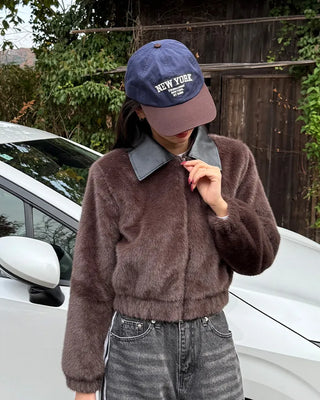 Leather collar fur jacket