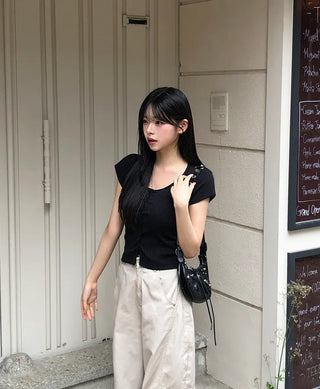 Slim ribbed short-sleeved cardigan (4 colors)