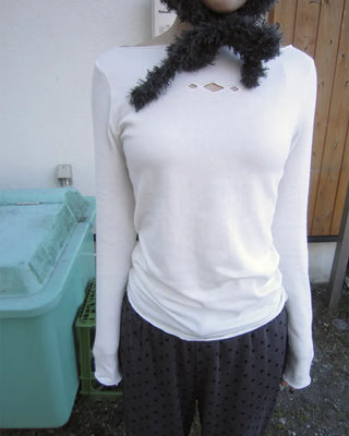 Triple Diamond Slit Slashed Neck Long T-Shirt