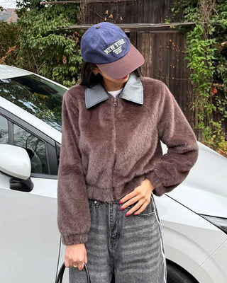 Leather collar fur jacket