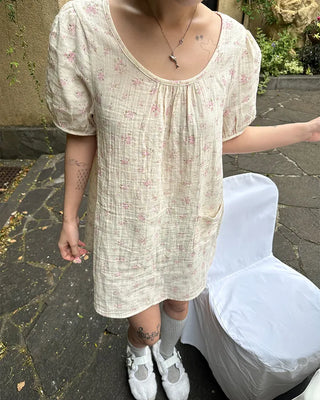 Short puff-sleeve walnut button pocket gauze tunic