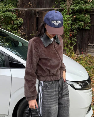 Leather collar fur jacket