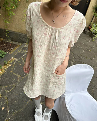 Short puff-sleeve walnut button pocket gauze tunic