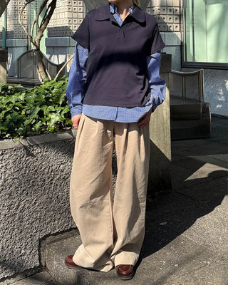 Double-pleated wide cotton pants