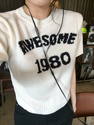 Lettering Short-Sleeve Knit Sweater