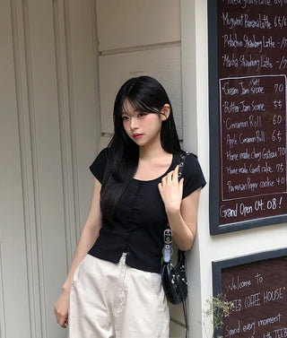 Slim ribbed short-sleeved cardigan (4 colors)