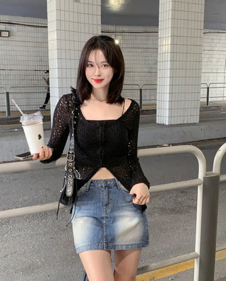 Long slit net cardigan (2 colors)