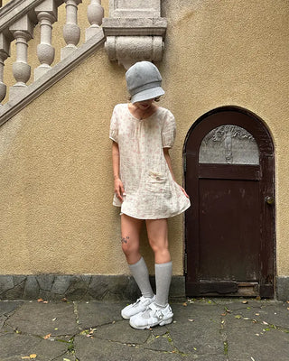 Short puff-sleeve walnut button pocket gauze tunic