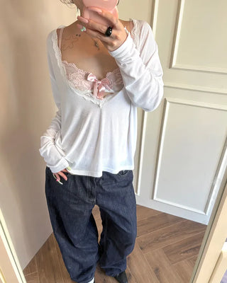 Lace Deep V-Neck Long Sleeve Cut and Sewn
