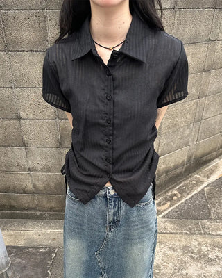 Weighted Shirring Point Short-Sleeve Crop Shirt