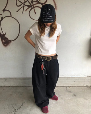 Patch button hem side outseam cotton pants