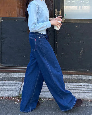 Straight denim pants with drawstring waist