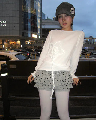 Frill spiral star boat neck long cut and sew