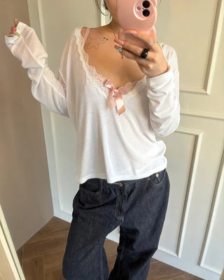 Lace Deep V-Neck Long Sleeve Cut and Sewn