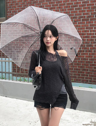 Sheer summer knit with diagonal stripe cutouts
